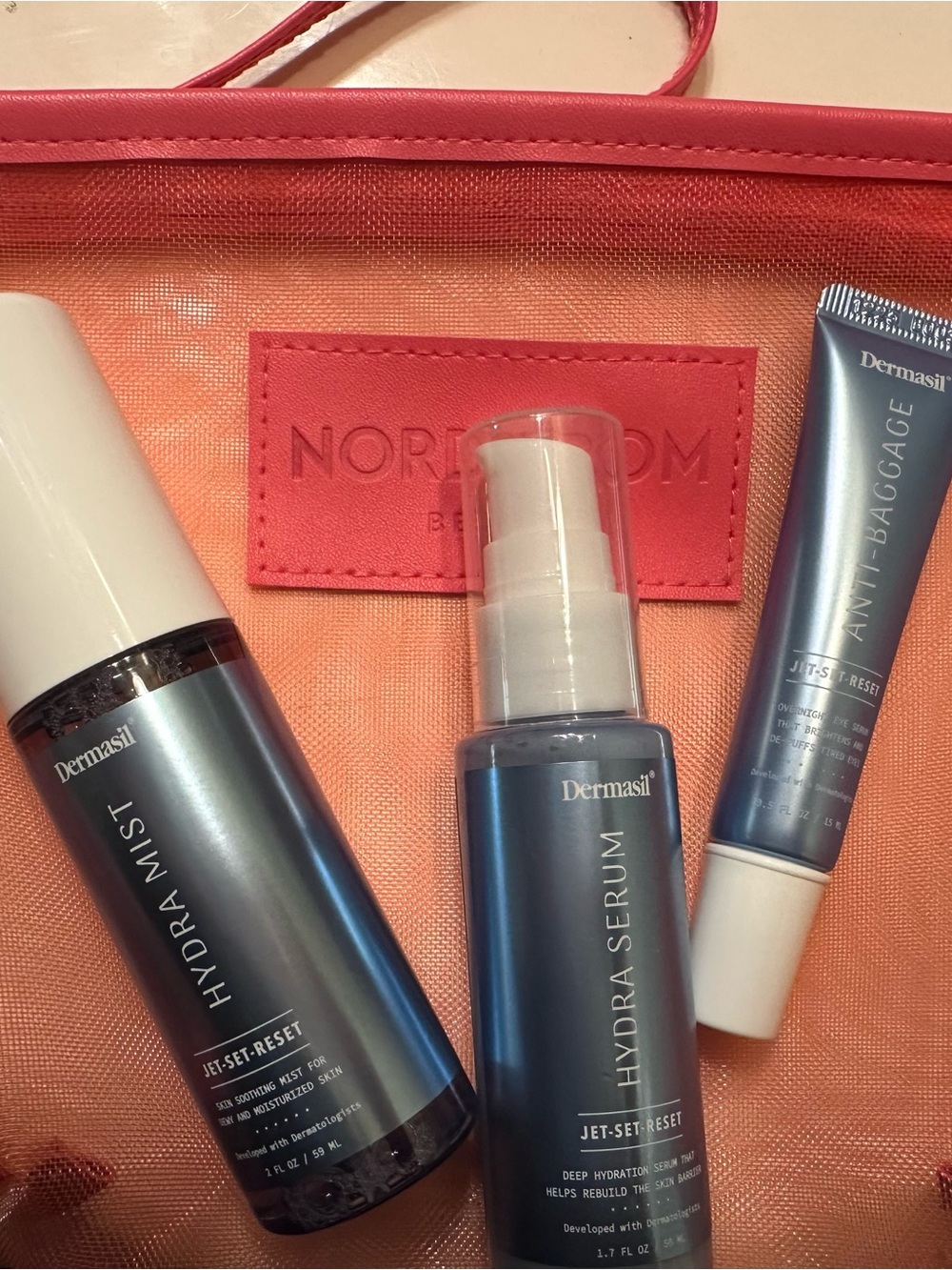 New Dermasil Jet Set Reset hydration skincare set of 3 with Cute Make Up Bag